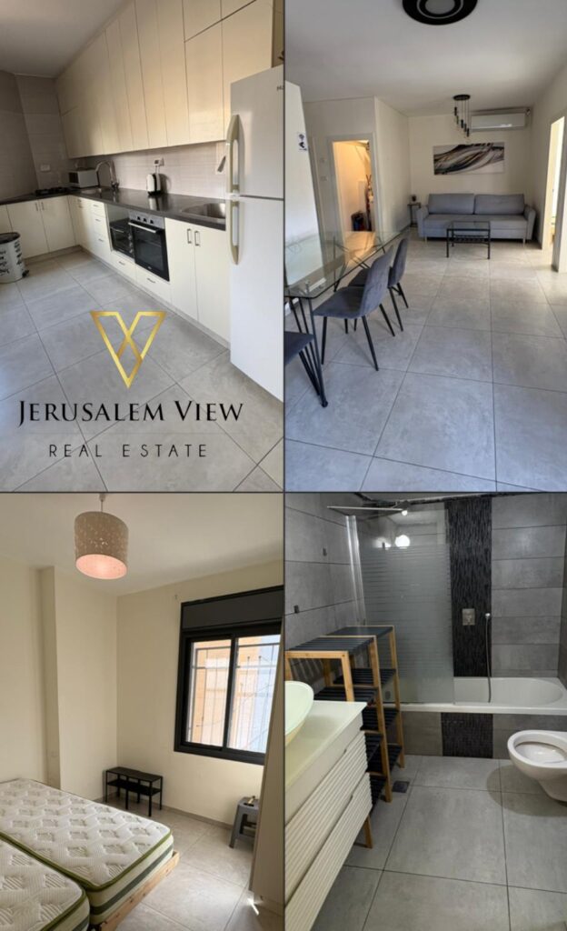 Modern kitchen with white cabinets and appliances, open living room with seating area, bedroom with natural light, contemporary bathroom with bathtub and shower.