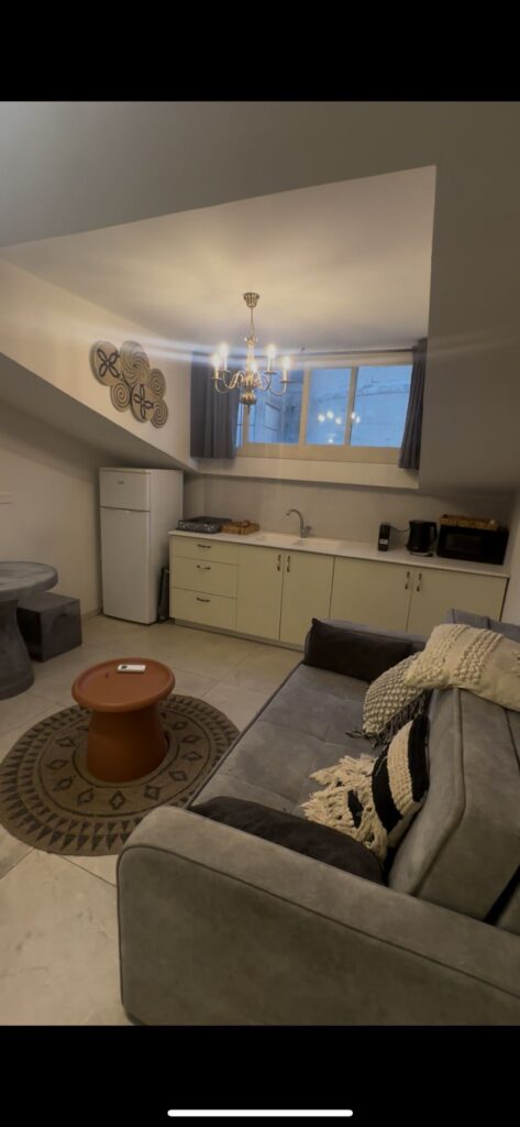 Cozy living area with kitchenette, modern decor, chandelier, and relaxing seating.