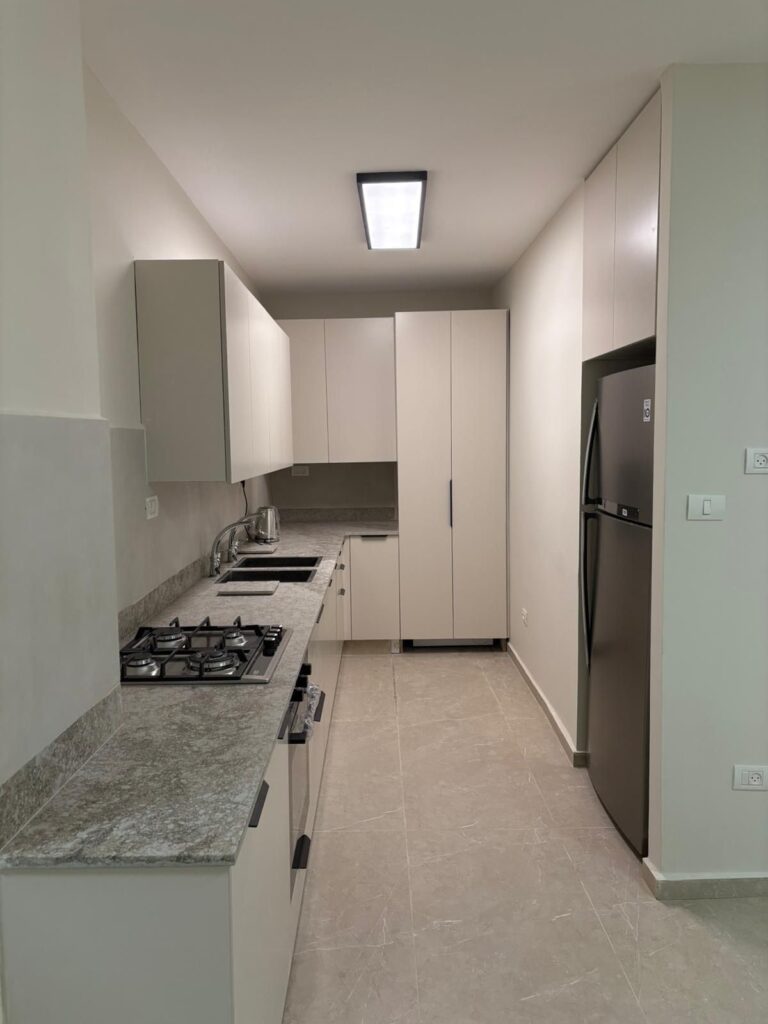 Modern minimalist kitchen with white cabinets and granite countertops, stainless steel appliances, and bright lighting.