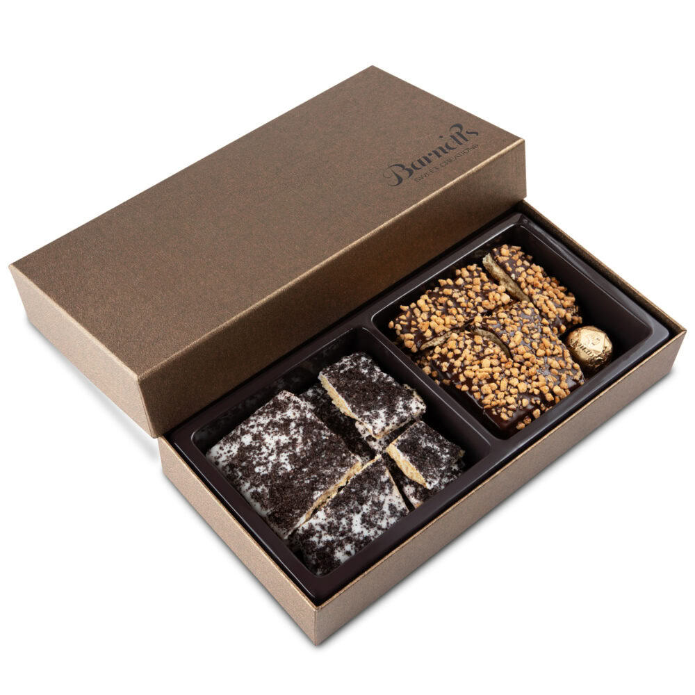 Assorted brownies with toppings in a premium gift box, perfect for special occasions.