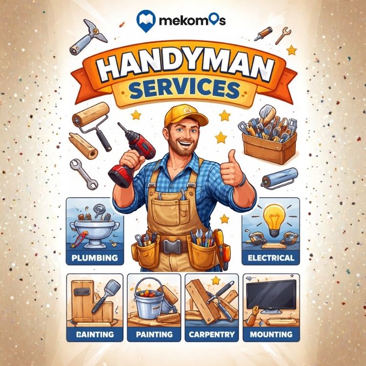 Tools and icons representing handyman services for plumbing, electrical, painting, carpentry, and mounting.