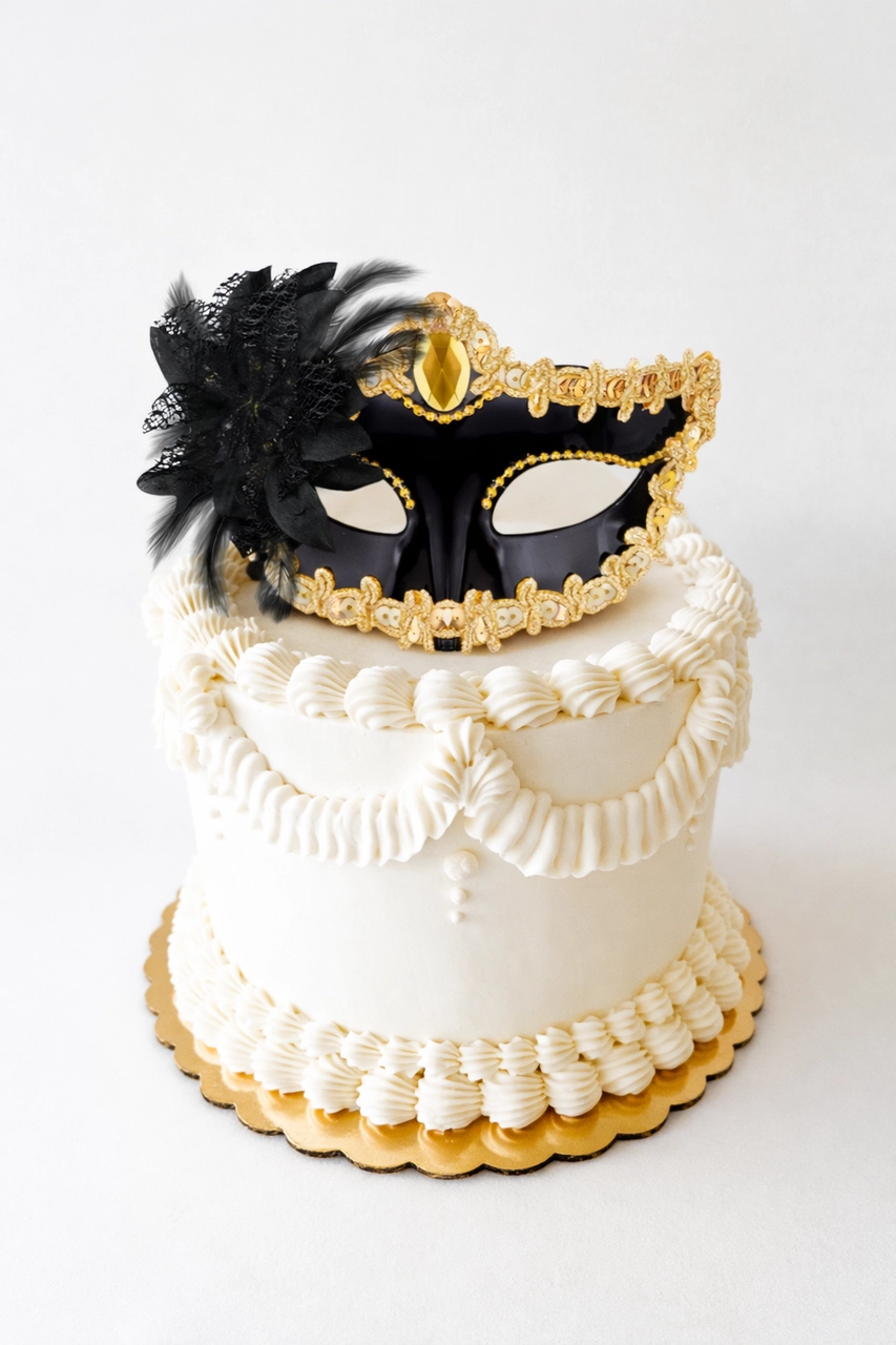 Elegant black and gold masquerade cake with decorative mask topper.
