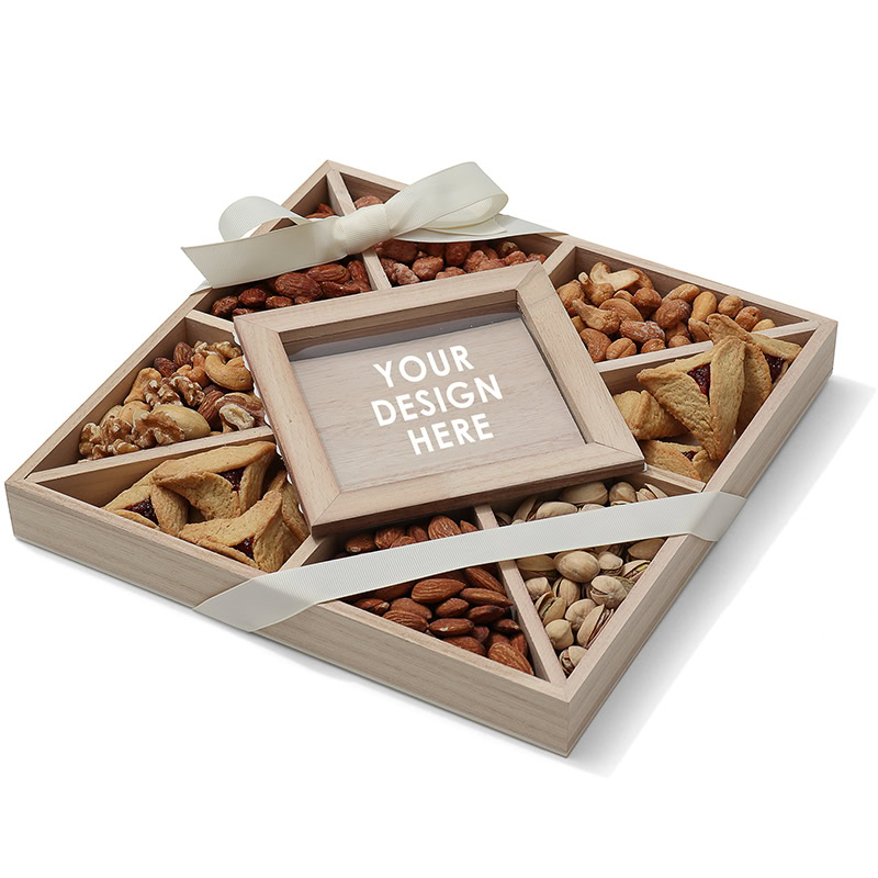 Mixed nuts and snack gift box with customizable interior for special occasions and corporate gifts.