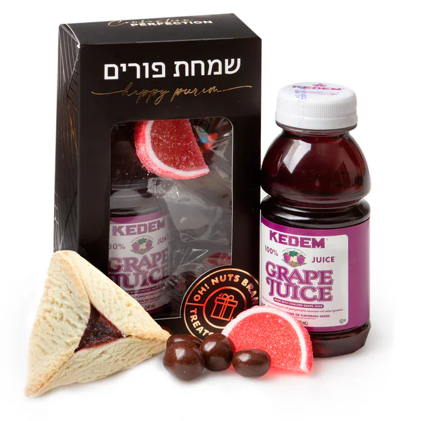 Sweet grape juice gift set with candies and a triangle sandwich, perfect for celebrations and gifting.