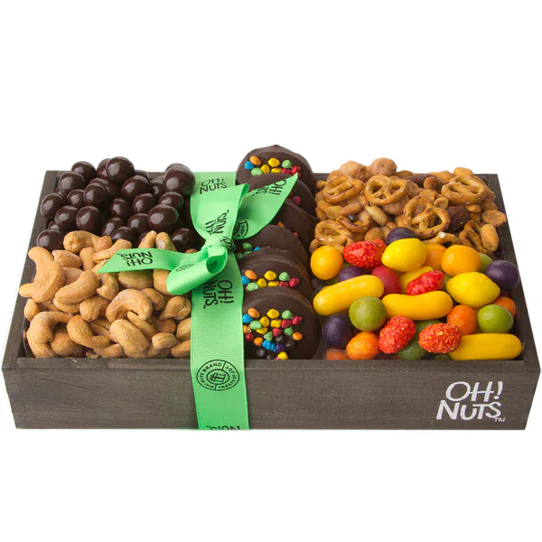 Deluxe mixed Nut & Chocolate Snack Box with colorful candies and chocolate-covered pretzels.