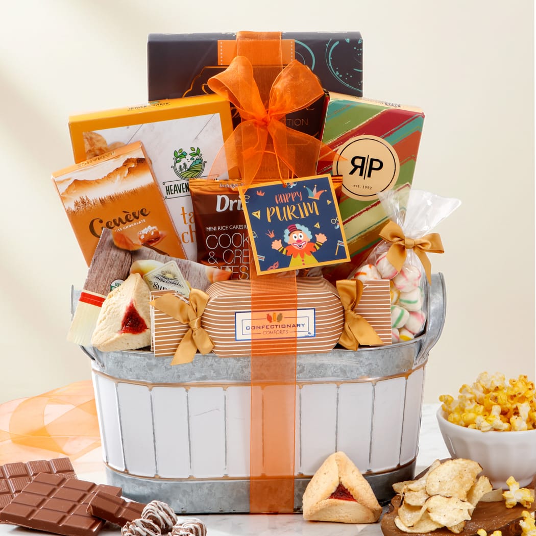 Colorful holiday gift basket with assorted chocolates, snacks, and treats for special occasions.