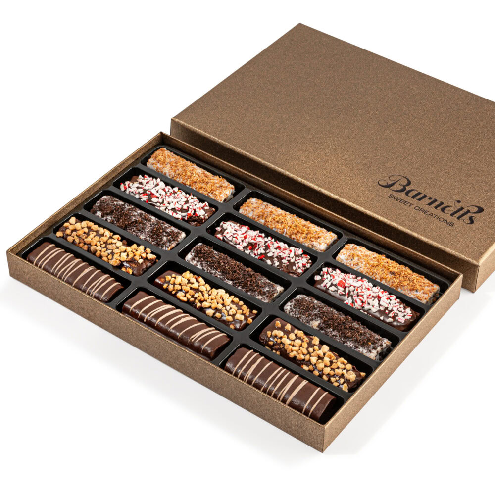 Assorted chocolate and nut bars in a gift box from Barnett's Sweet Creations, Lakewood.