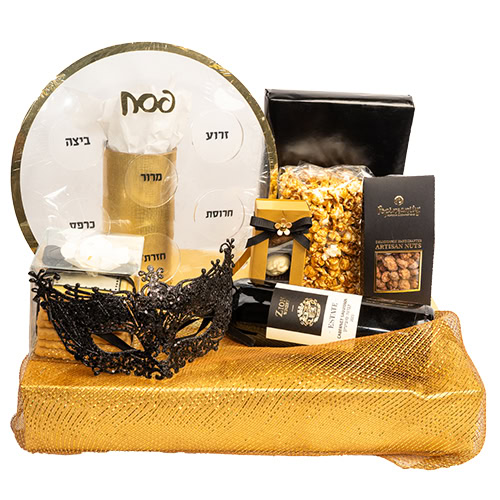 Elegant chocolate gift set with assorted nuts, black lace mask, and decorative packaging.