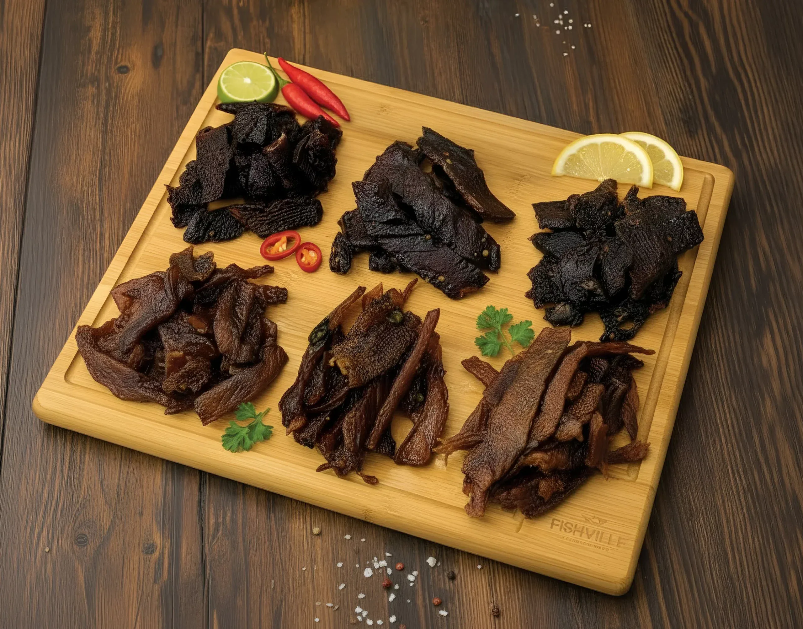 Assorted beef jerky varieties with lemon, chili, lime, and herbs on a wooden serving board.