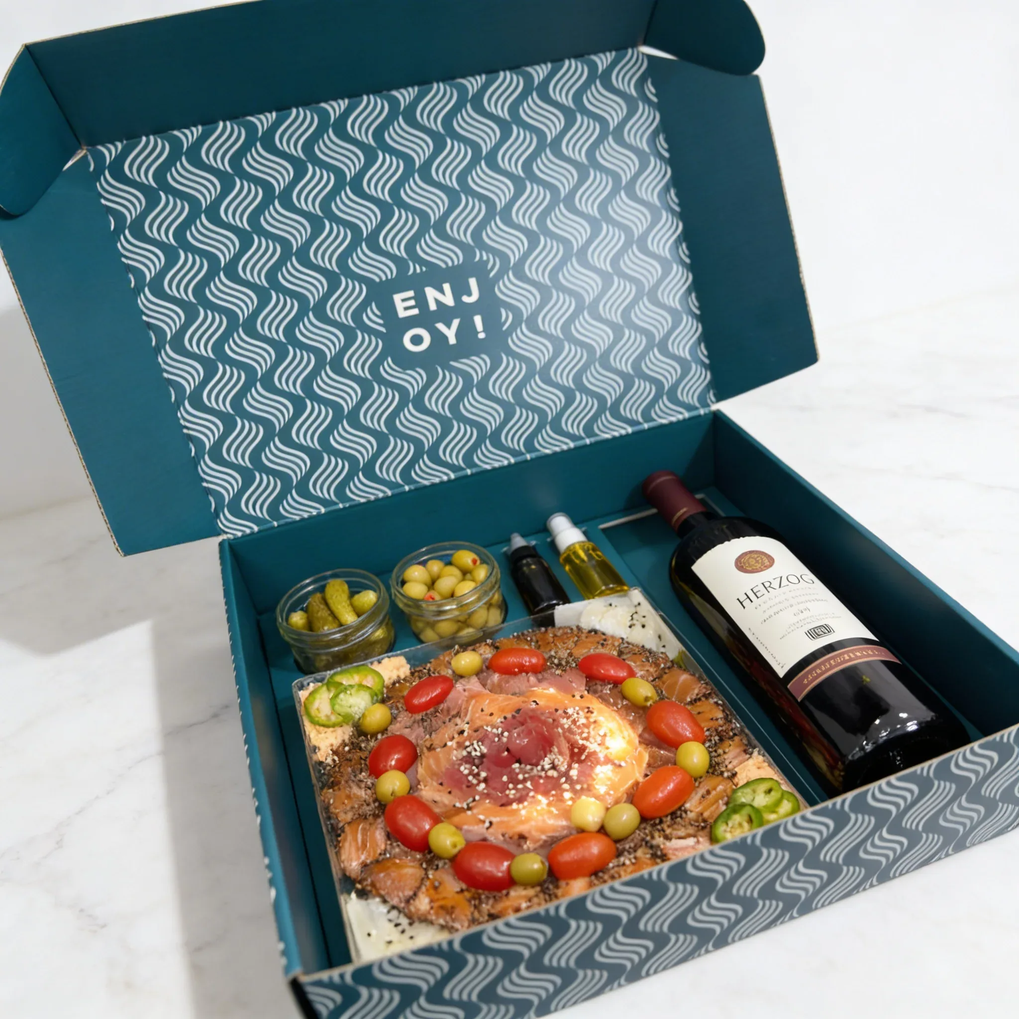 Delicious gourmet pizza topped with cherry tomatoes, cucumbers, and herbs, paired with a bottle of r.