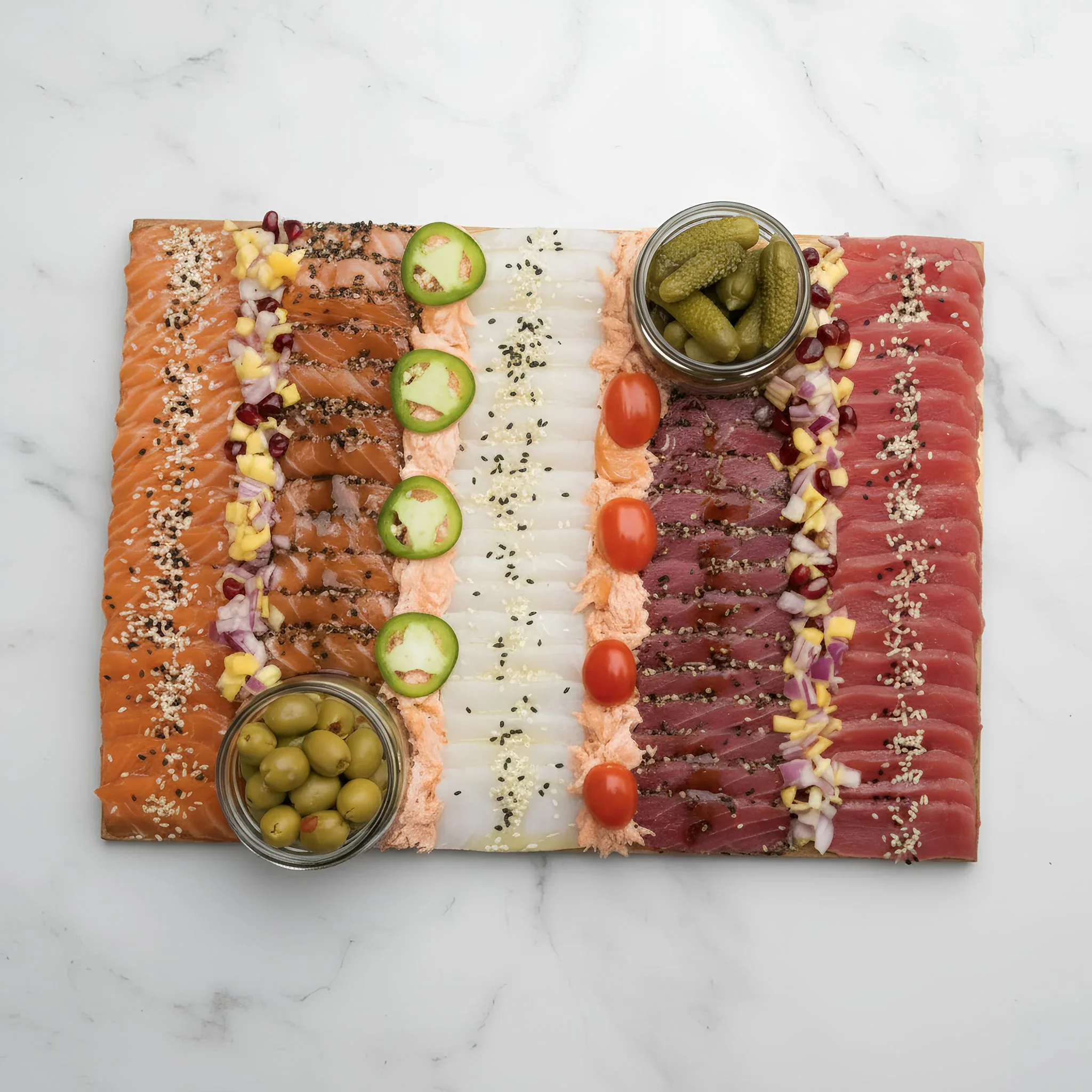 Assorted smoked salmon and cured fish with garnishes and pickles on marble surface.