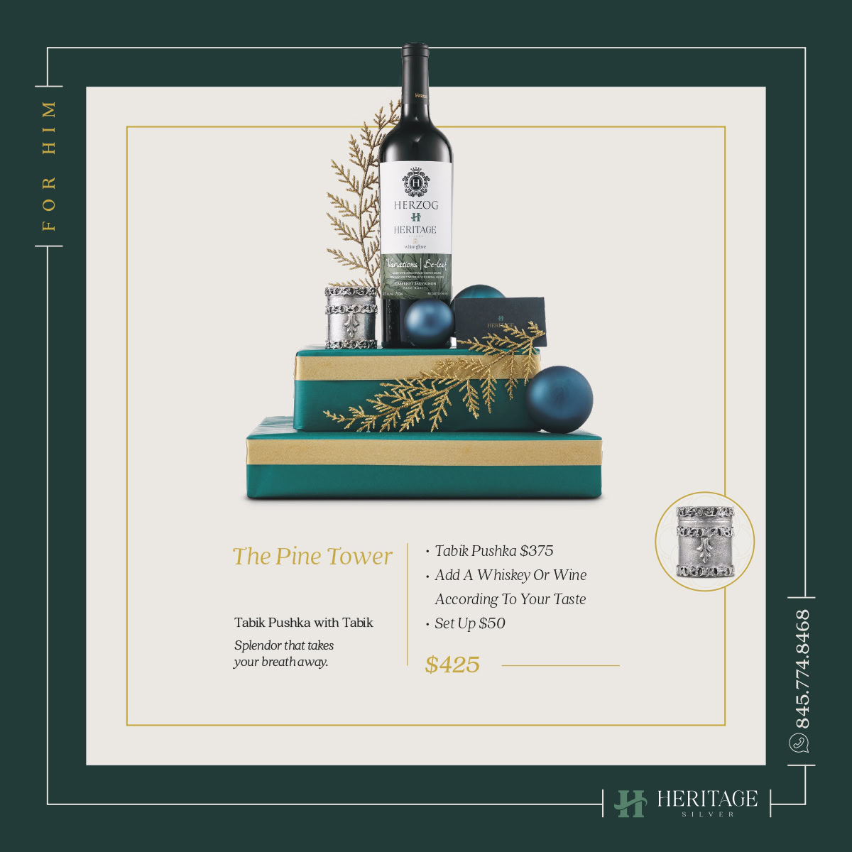Elegant wine gift set featuring a Heritage Heritagelife Pine Tower with a bottle of wine, blue ornam.