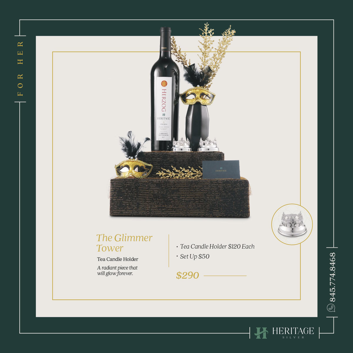 Elegant wine and candle gift set with decorative masks and gold accents.