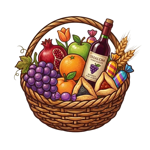 Shavuos gift basket with wine, fruits, and baked goods for celebration.